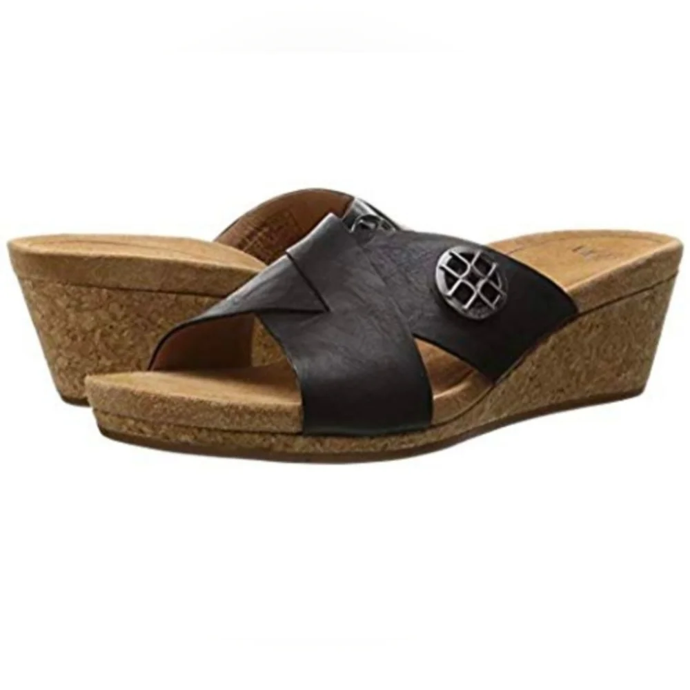 UGG Lyra Cross Cork Wedge Black Leather Sandals Size 8 - Picture 2 of 11